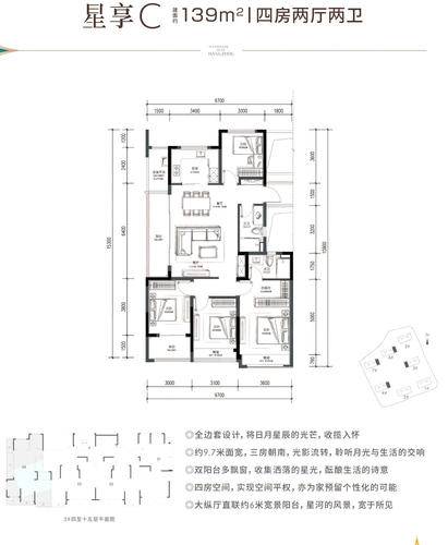 绿城月依星河轩4居室建面约139㎡