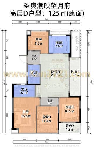 圣奥潮映望月府4居室建面约125㎡